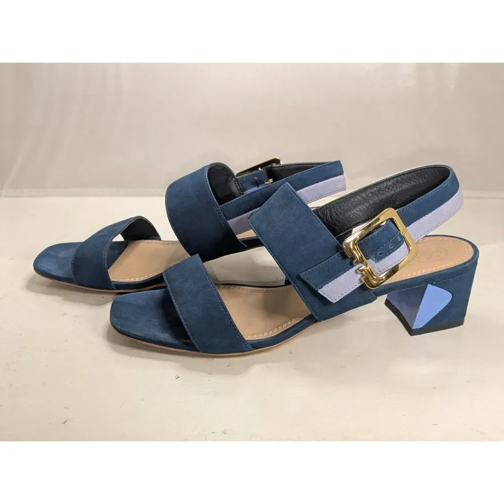 Tory Burch Teal and Light Blue Block Heel Sandals with Gold Buckle